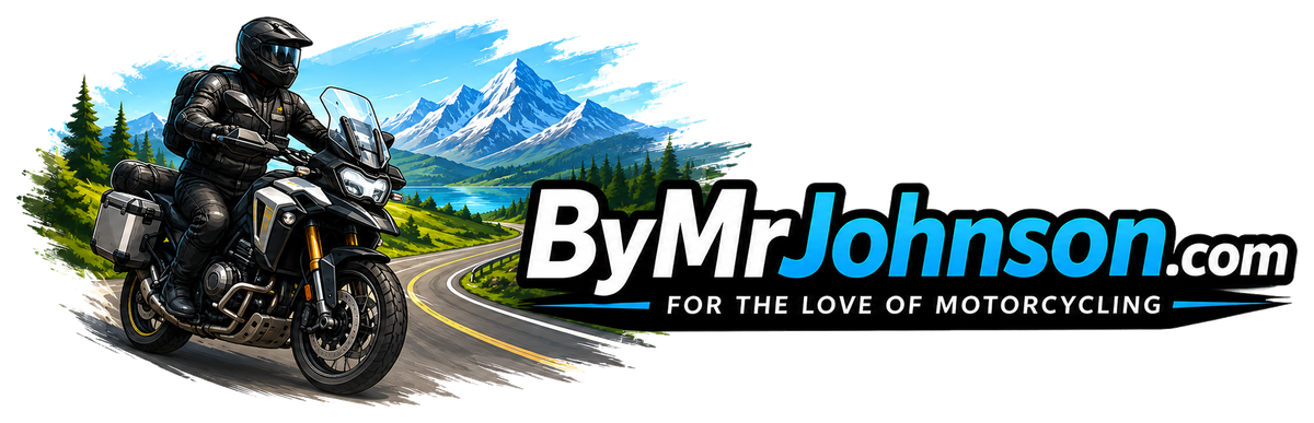 ByMrJohnson.com motorcycle logo with adventure rider and mountain road