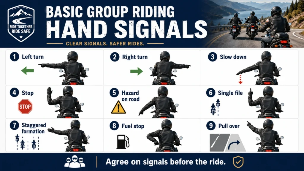 Basic motorcycle group riding hand signals infographic for safer rides