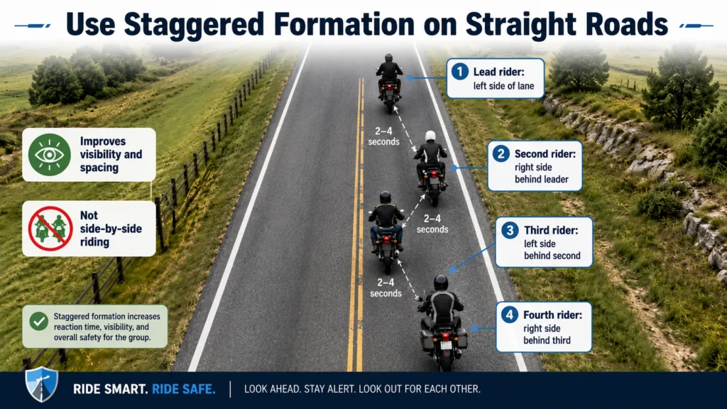 Staggered motorcycle group riding formation on a straight road infographic