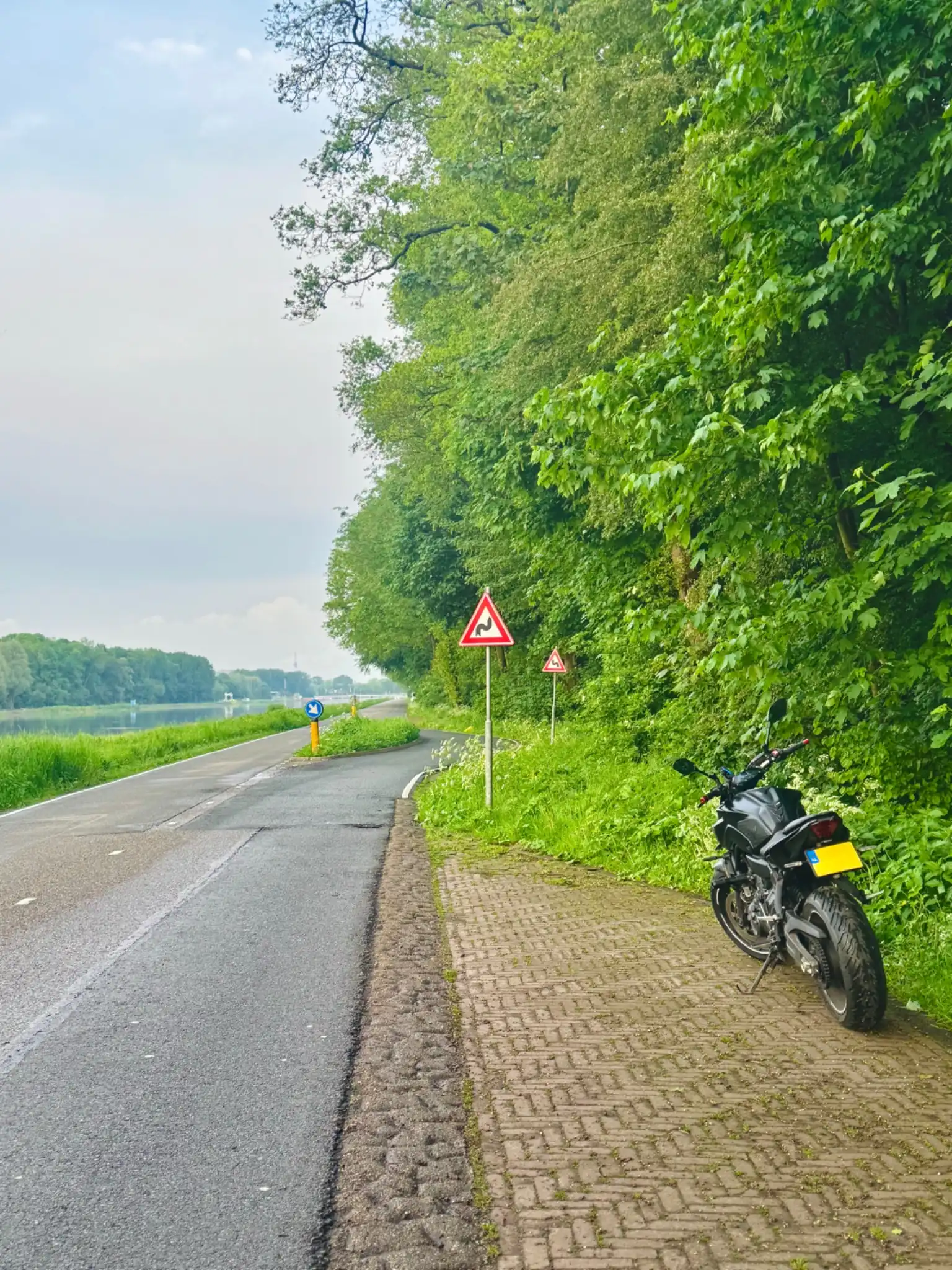 Yamaha MT-07 parked near a curvy road sign beside a riverside road