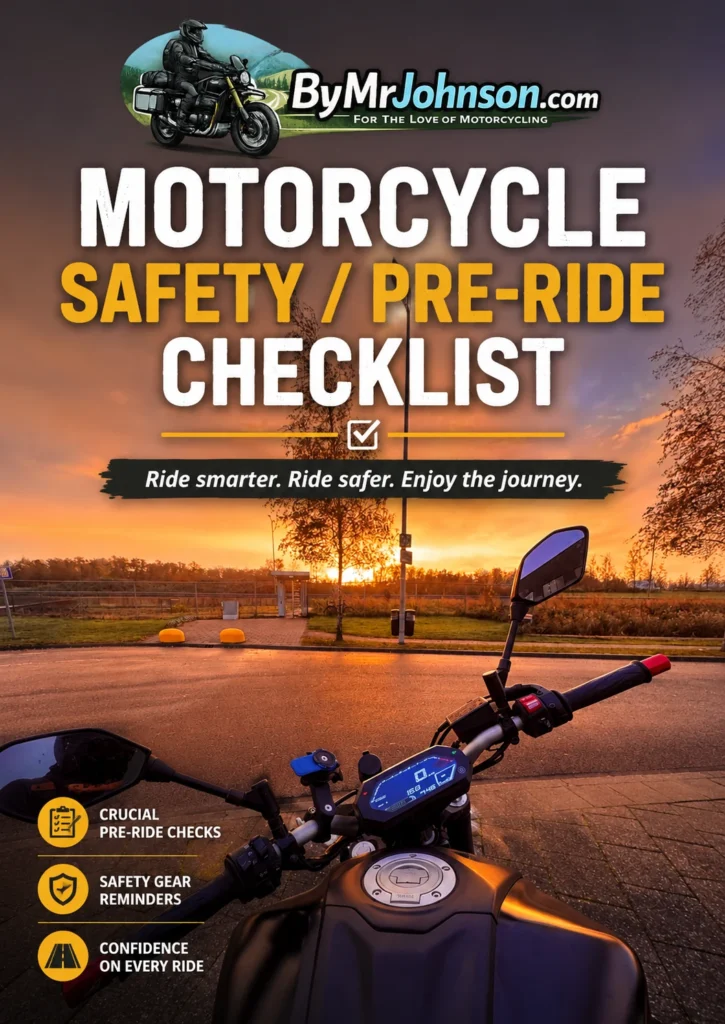Motorcycle Safety and Pre-Ride Checklist cover image with a Yamaha MT-07 cockpit at sunset.