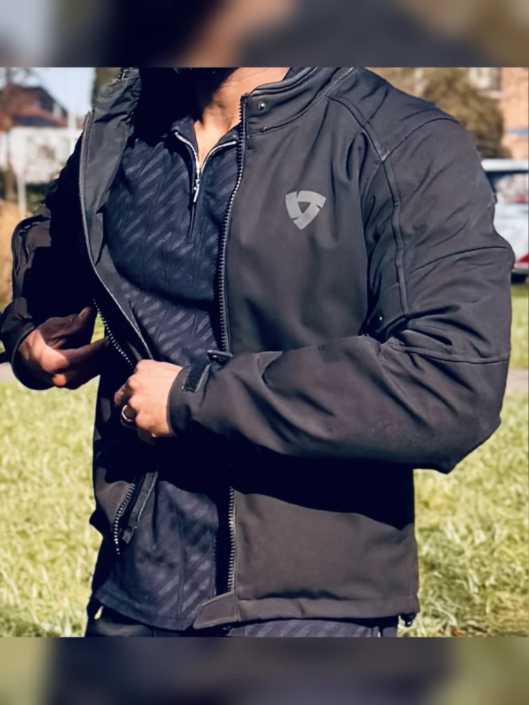 Rider wearing a motorcycle jacket outdoors