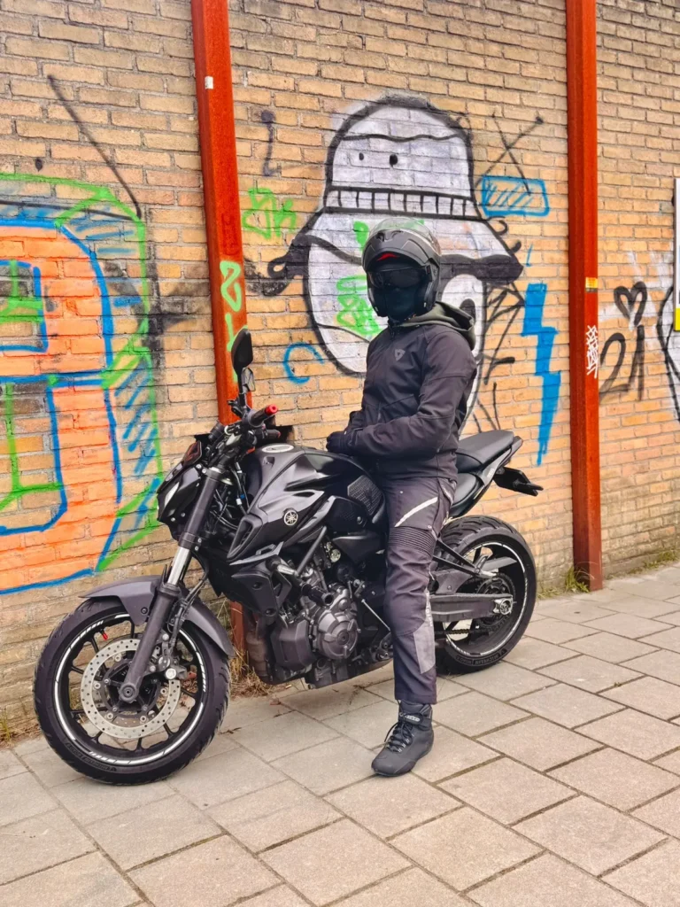 Rider wearing full motorcycle safety gear while seated on a Yamaha MT-07