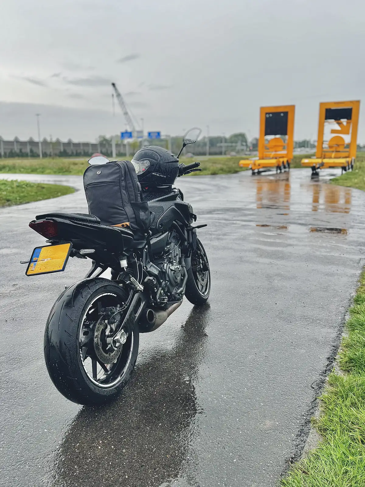 Yamaha mt-07 parked on a wet road on a rainy ride day