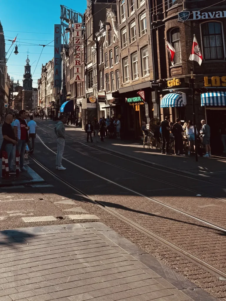 Amsterdam tram tracks and a busy city street showing road hazards for riders