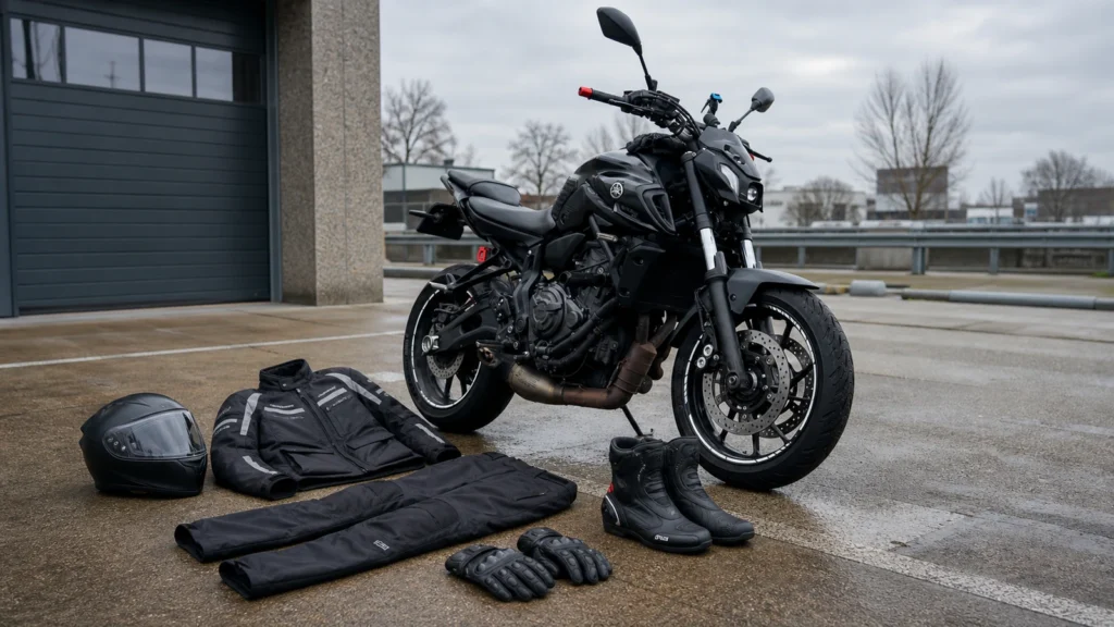 Complete motorcycle safety gear arranged beside a parked motorcycle