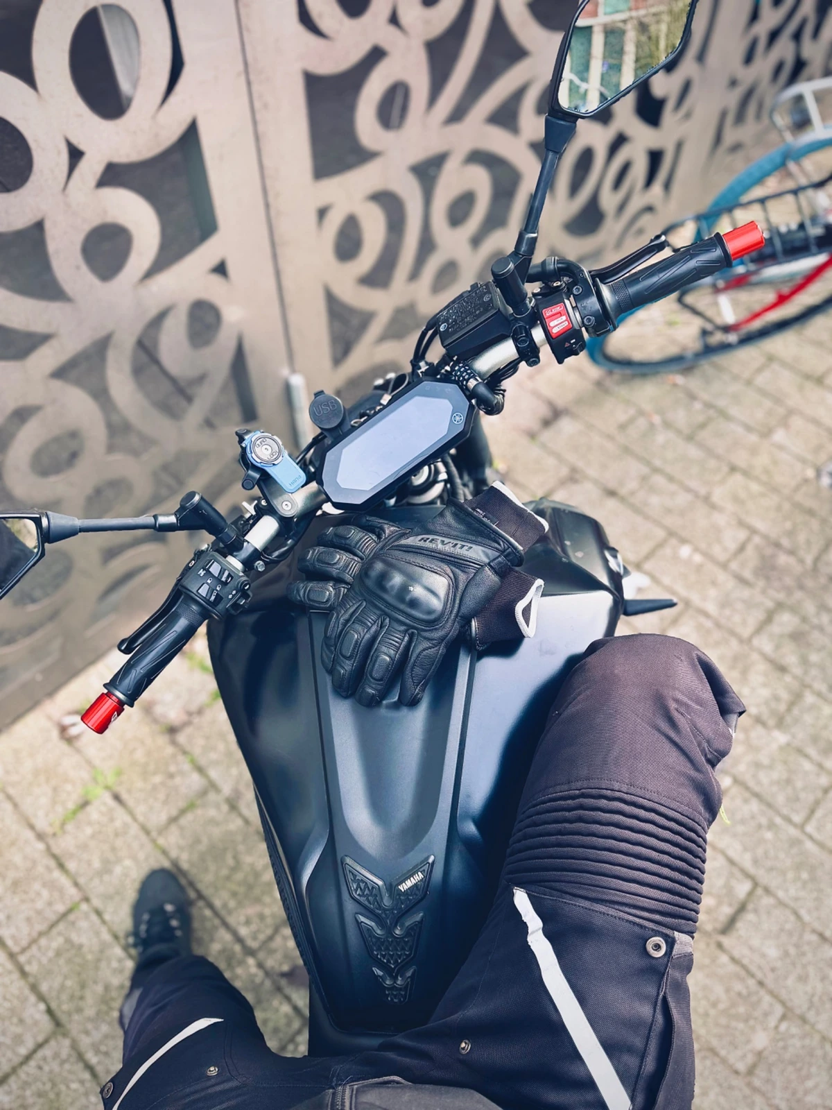 POV rider wearing motorcycle gear with CE ratings