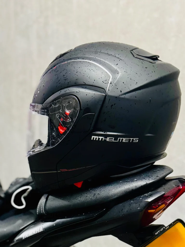 MT helmet resting on a Yamaha MT-07 motorcycle back seat