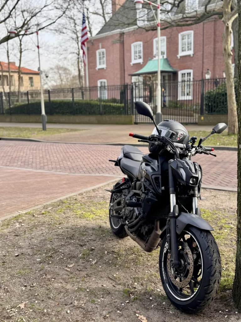 Yamaha MT-07 parked on a gravel roadside showing loose-surface motorcycle control conditions
