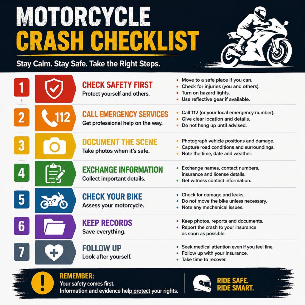 Motorcycle crash checklist to stay calm, stay safe and take the right steps after an accident