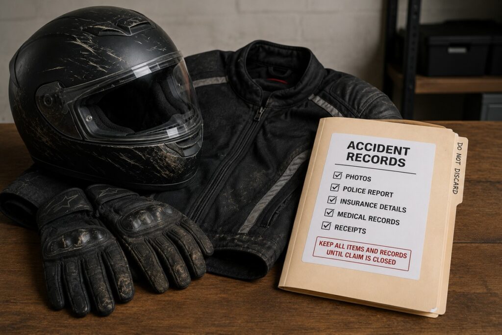 Motorcycle helmet and riding gear stored with accident documents