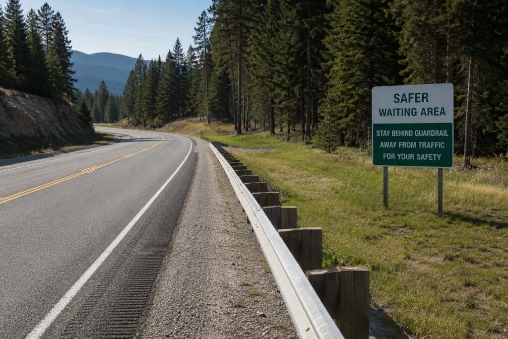 Safe roadside waiting area behind a traffic barrier