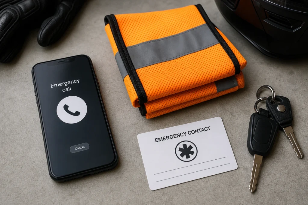 Phone, reflective vest, emergency contact card and motorcycle keys arranged as crash-safety equipment
