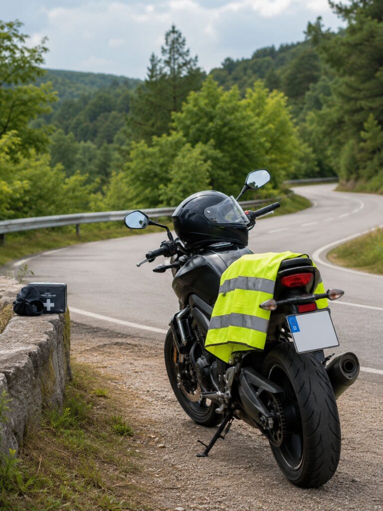 Motorcycle parked beside a road with safety reflective vest and emergency kit nearby