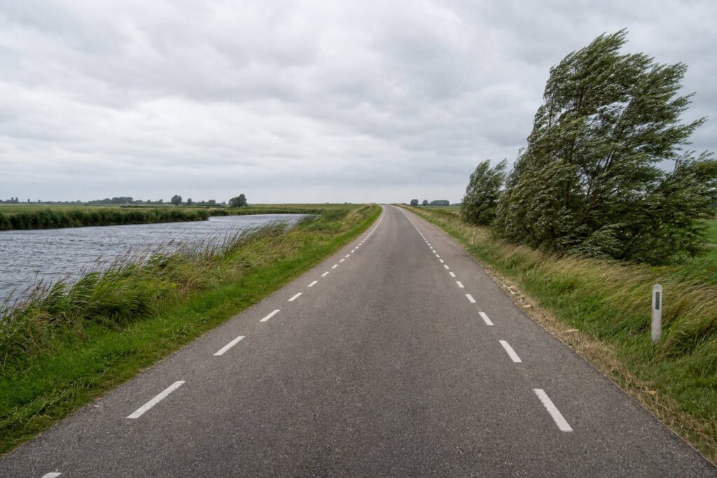 Open road exposed to strong motorcycle crosswinds