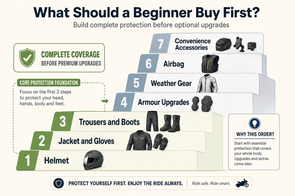 Motorcycle gear buying priority diagram for beginners