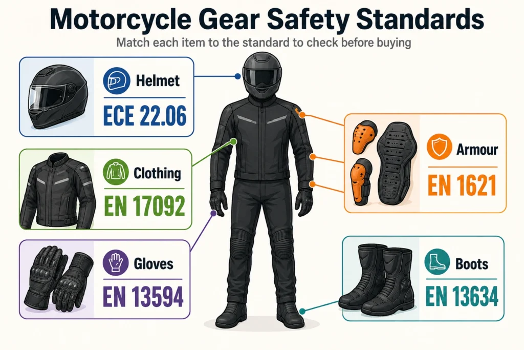 Motorcycle gear safety standards diagram for understanding the safety labels before buying