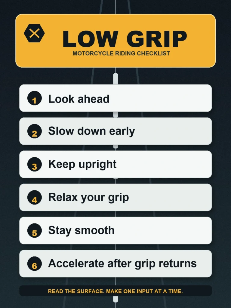 Six-step checklist for riding a motorcycle on low-grip road surfaces