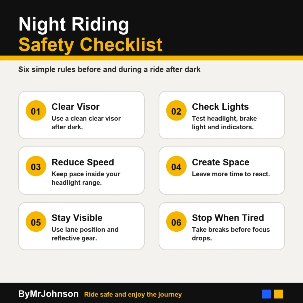 Motorcycle night riding checklist for visibility and safe speed
