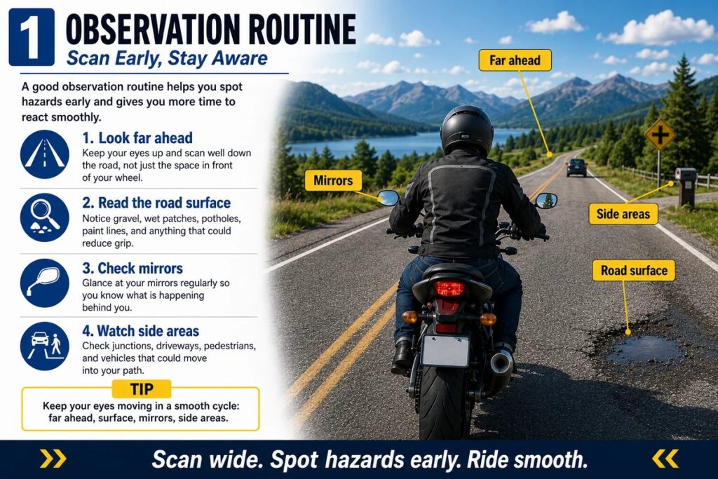 Observation routine to scan early and stay aware on long rides