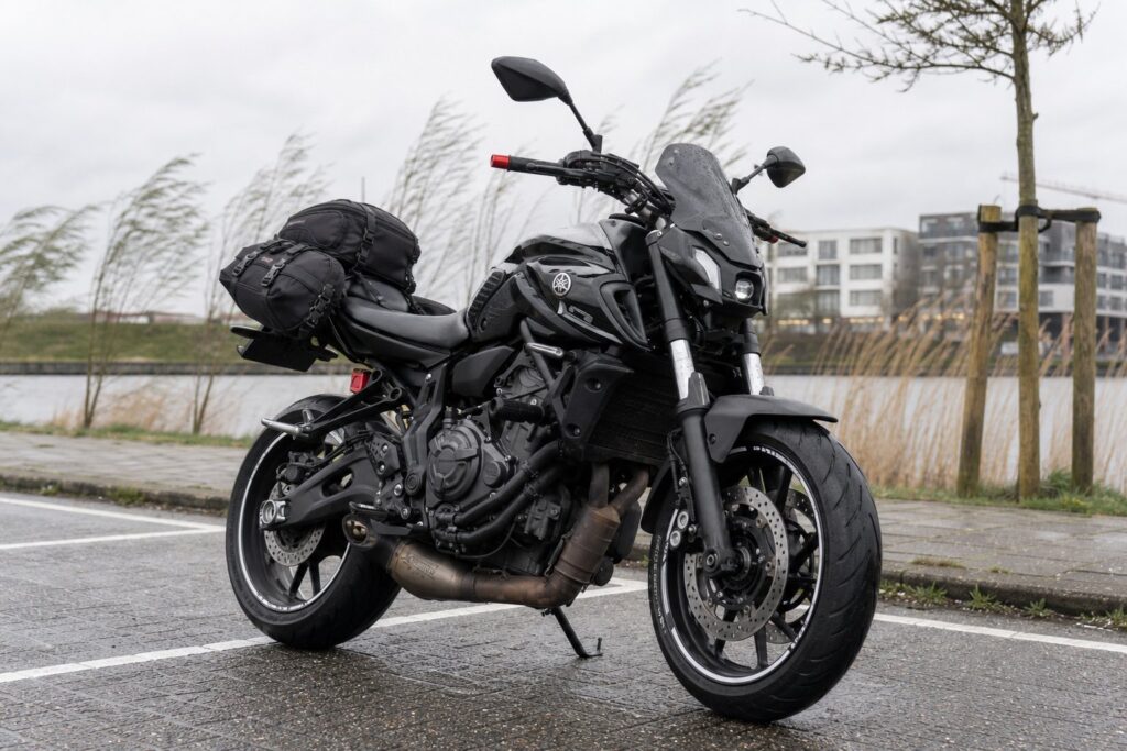 Motorcycle prepared with securely attached luggage before a windy ride