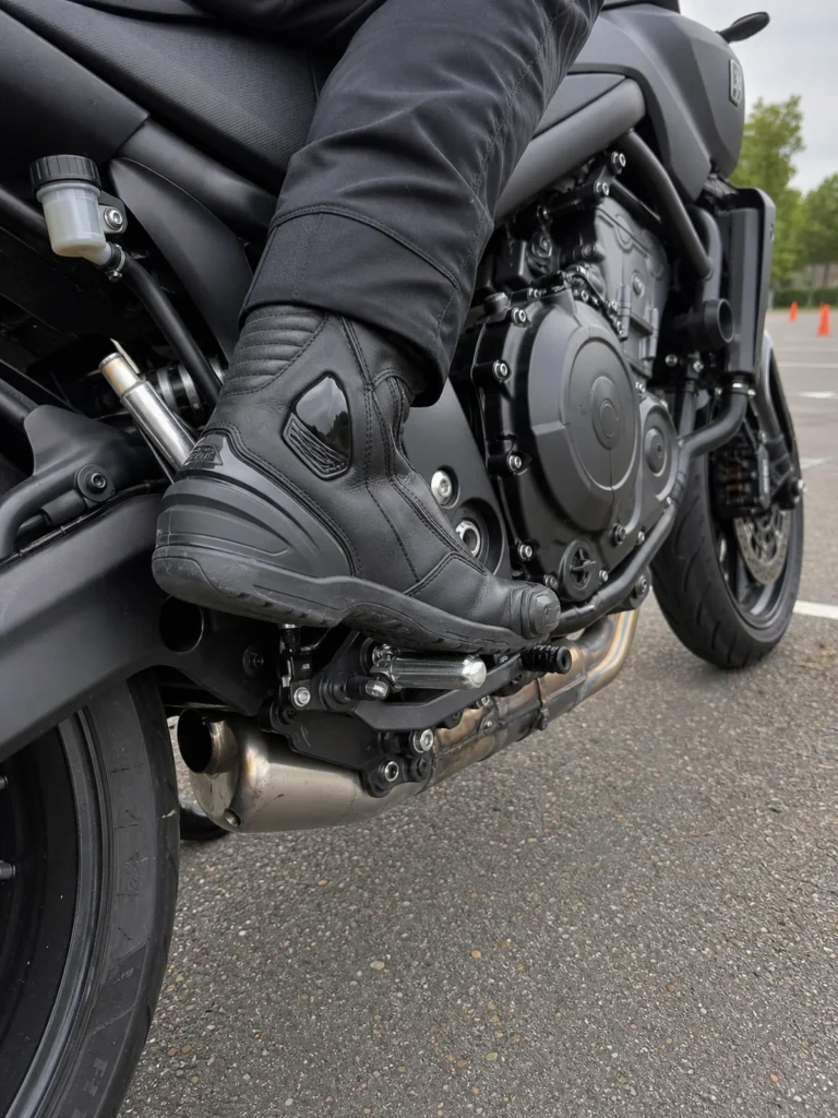 Rear brake foot position for motorcycle low-speed control and stability