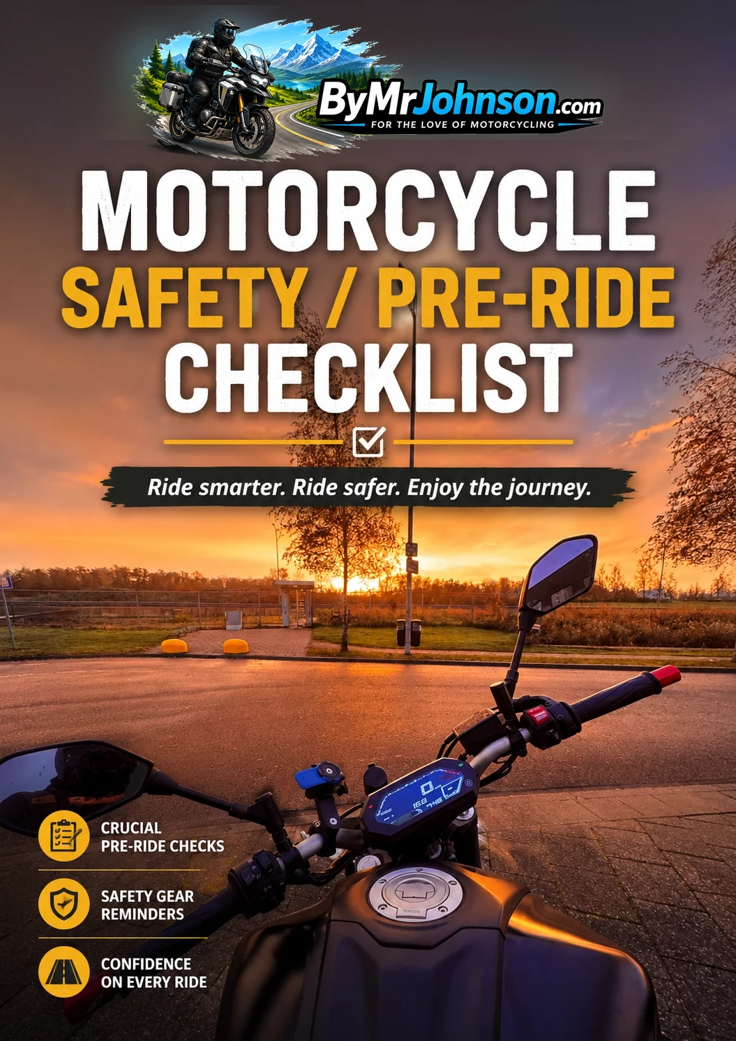 Motorcycle Safety and Pre-Ride Checklist cover image with a Yamaha MT-07 cockpit at sunset.