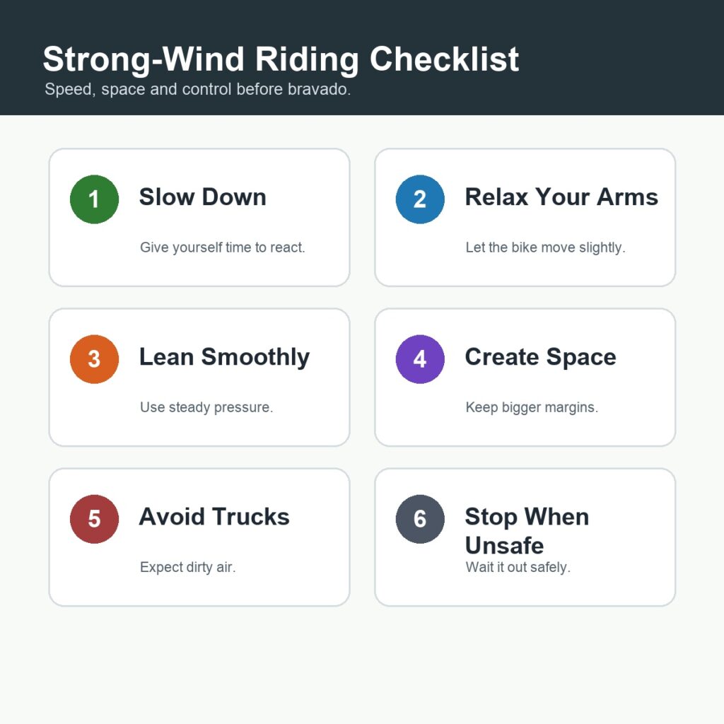 Strong-wind motorcycle riding checklist for speed, space and control
