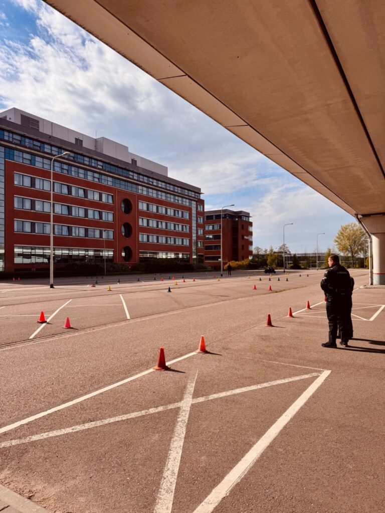 Cones set up for motorcycle low-speed control and balance practice