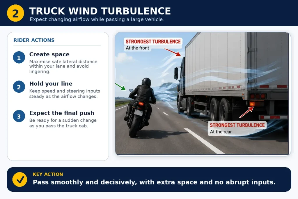 Motorcycle encountering wind turbulence while passing a large truck