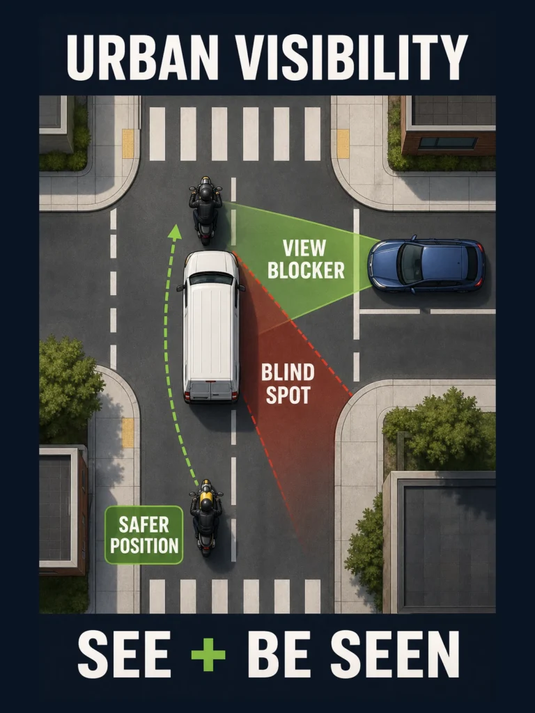 Diagram showing motorcycle visibility zones and safer lane positioning at an urban junction