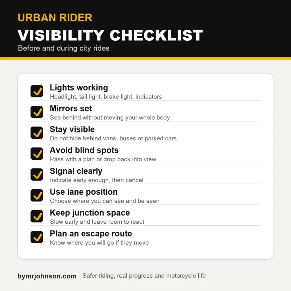 Urban motorcycle visibility checklist with tips for lights, mirrors, blind spots, lane position and junction space