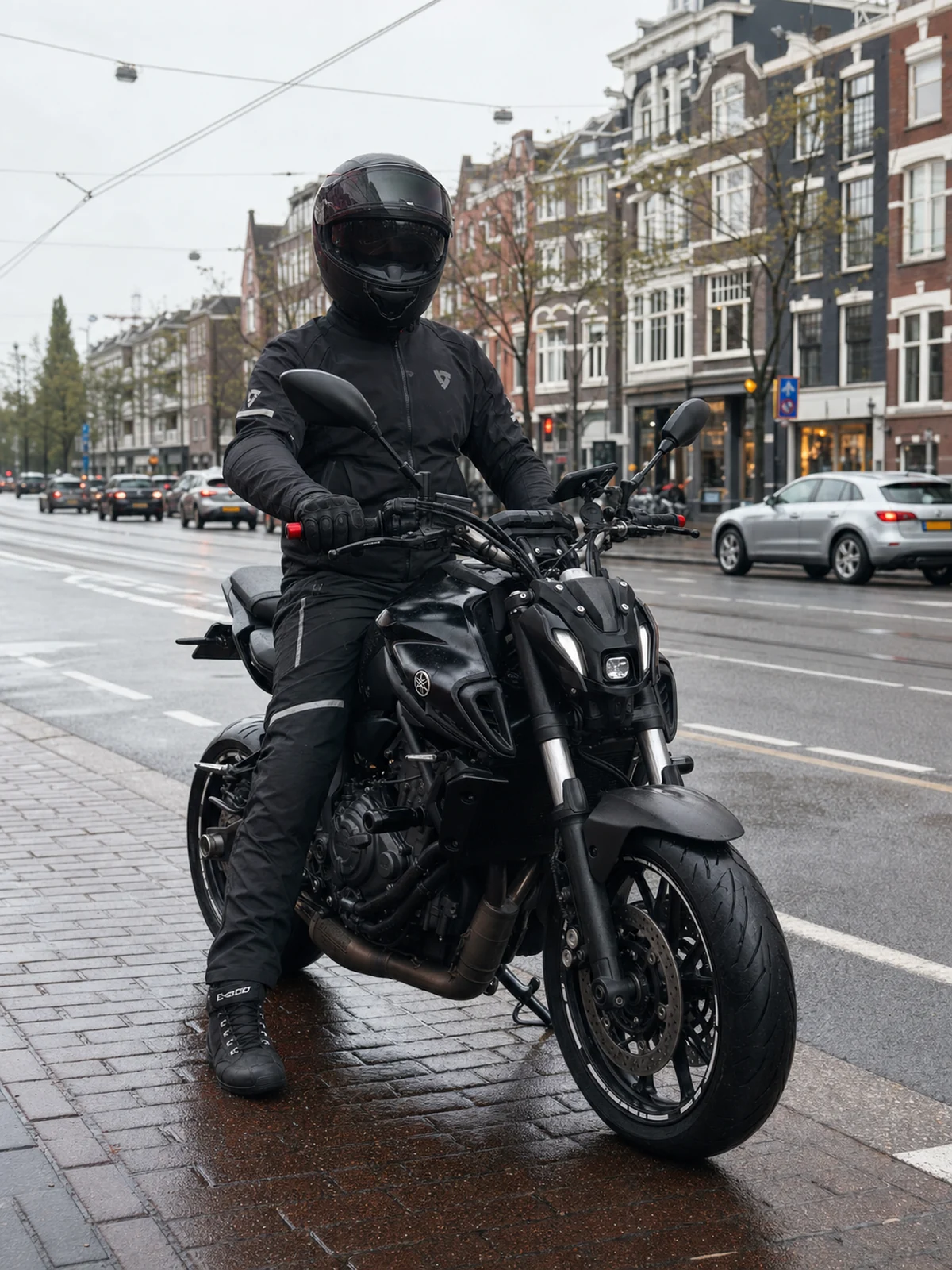 Rider in black motorcycle gear on a Yamaha MT-07 in urban traffic showing motorcycle visibility in the city