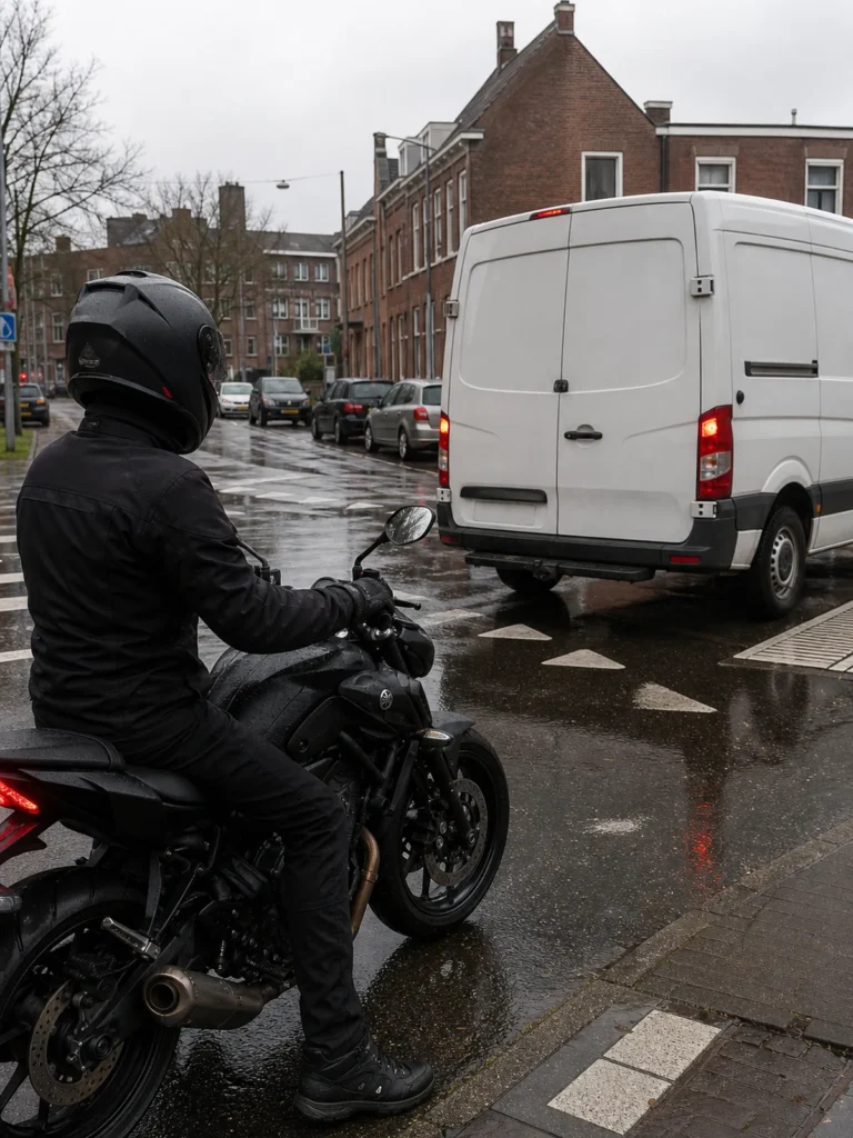 Motorcycle rider positioned near a delivery van showing how urban blind spots can hide a motorcycle