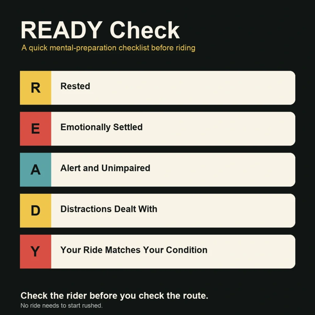 READY mental-preparation checklist for motorcycle riders
