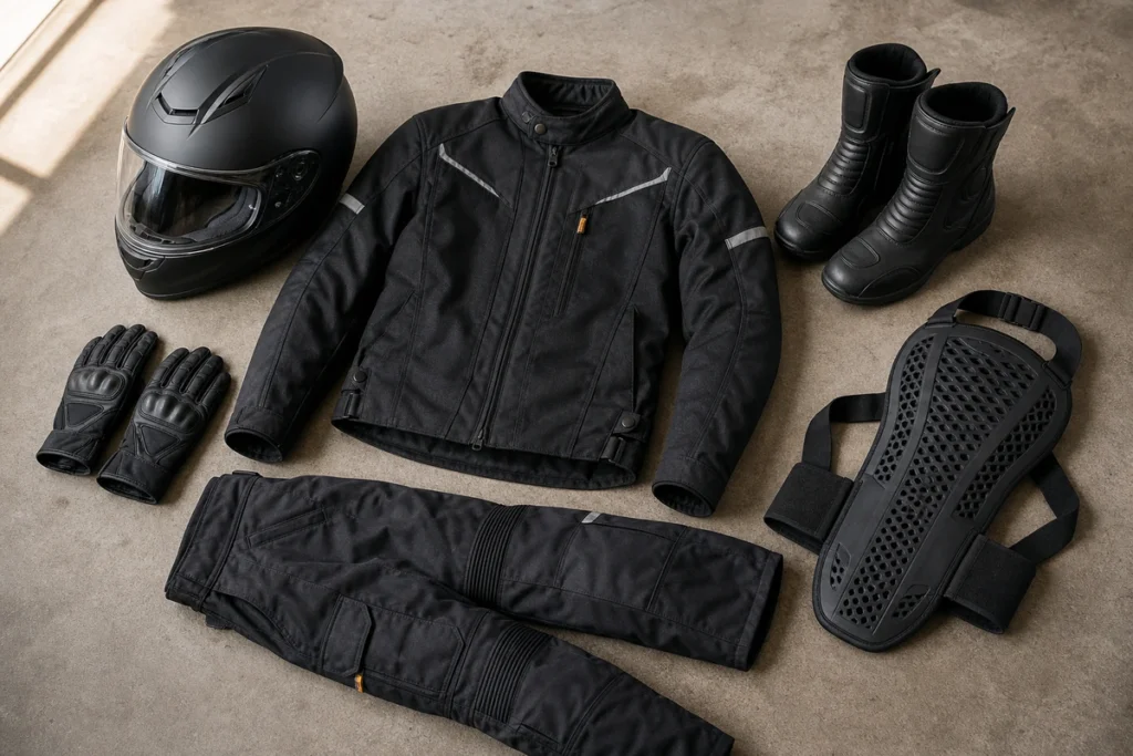 Helmet, gloves, boots and protective motorcycle clothing arranged together