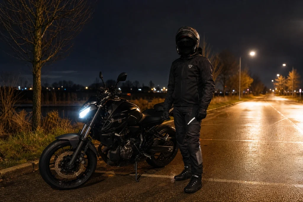 Reflective details making motorcycle riding gear visible at night