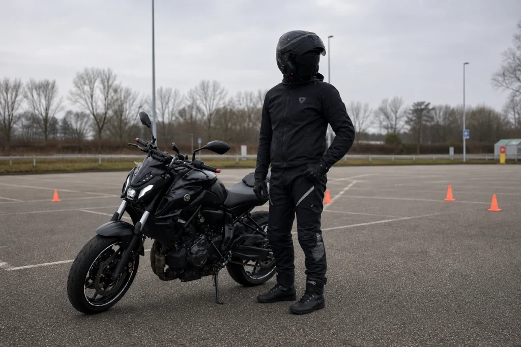 Rider beside motorcycle ready for cone practise in a safe learning environment.