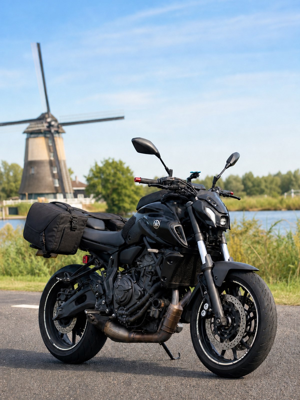 Yamaha Mt-07 with a rear-seat saddle bag at a scenic windmill country road