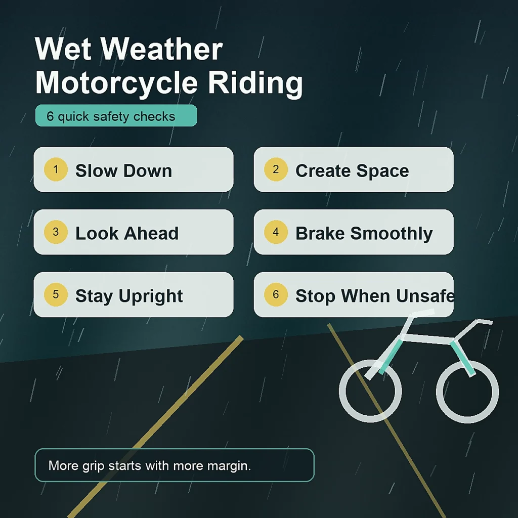 Wet-weather motorcycle checklist showing speed, distance, vision and smooth control