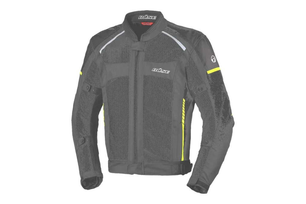 Black BÜSE Santerno textile motorcycle jacket with mesh panels and front zipper