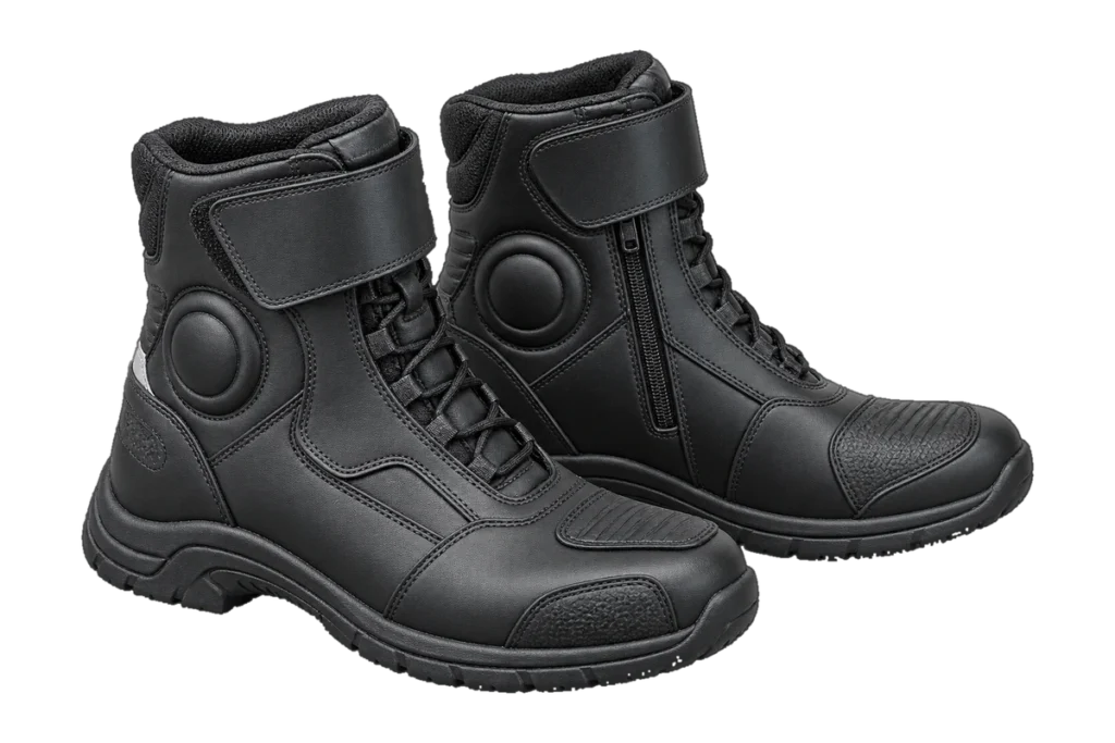 Black Fastway Touring 201 short motorcycle boots with laces, Velcro flap and shift pad