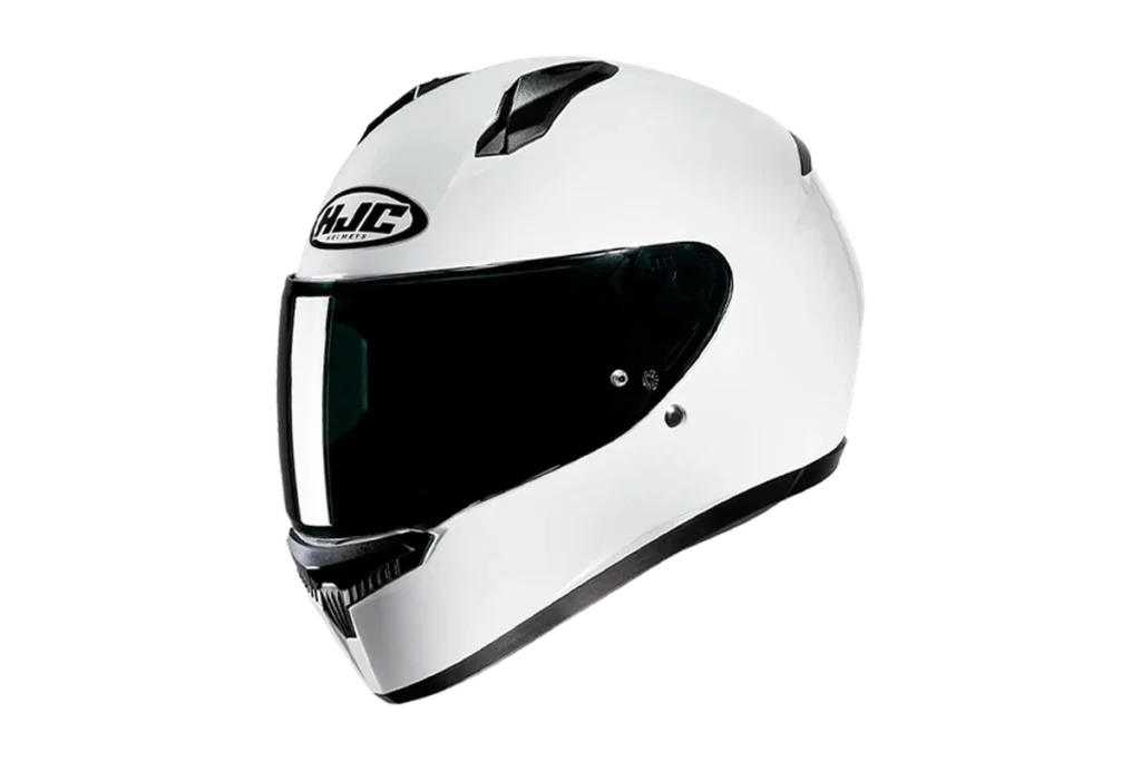 White HJC C10 full-face motorcycle helmet with clear visor on a transparent background