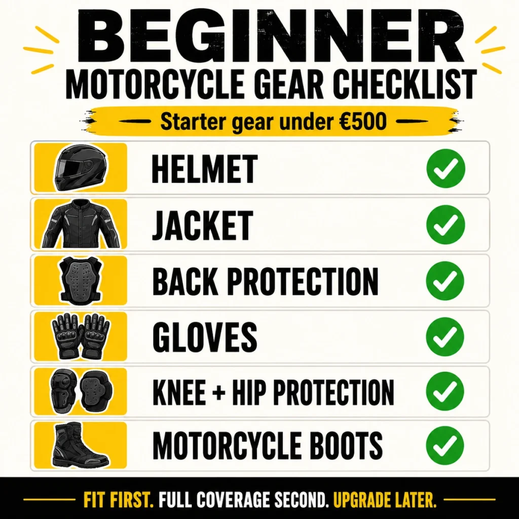 Beginner motorcycle gear checklist for helmet, jacket, back, gloves, trousers and boots