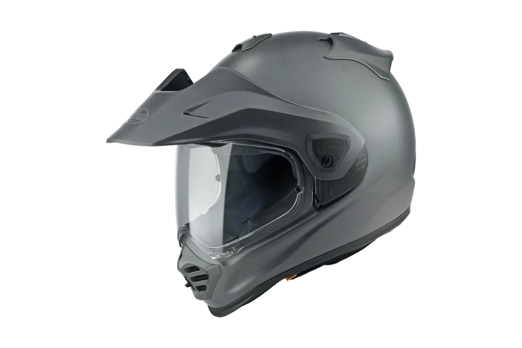 Gunmetal Arai Tour-X5 adventure motorcycle helmet with peak visor on transparent background