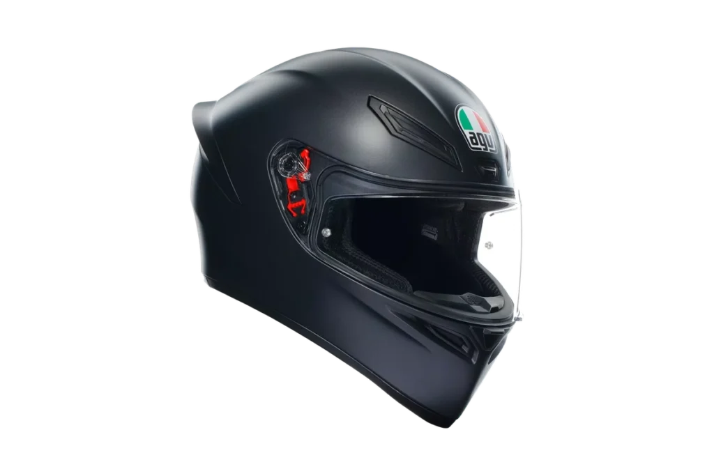 Matte black AGV K1 S full-face motorcycle helmet with aerodynamic rear spoiler