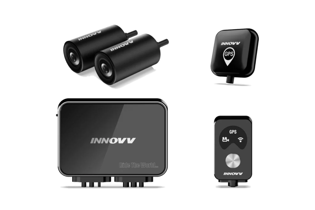 INNOVV K7 dual 2K motorcycle dash cam kit with DVR unit, front and rear cameras, GPS module, and handlebar remote
