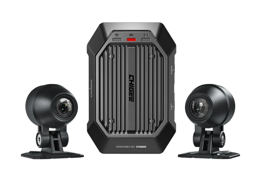 CHIGEE XR-1 discreet motorcycle dash cam system with compact main unit and two small waterproof cameras