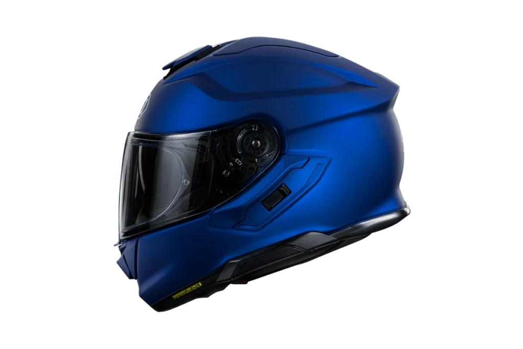 Blue Shoei GT-Air 3 full-face touring motorcycle helmet with integrated sun-visor housing