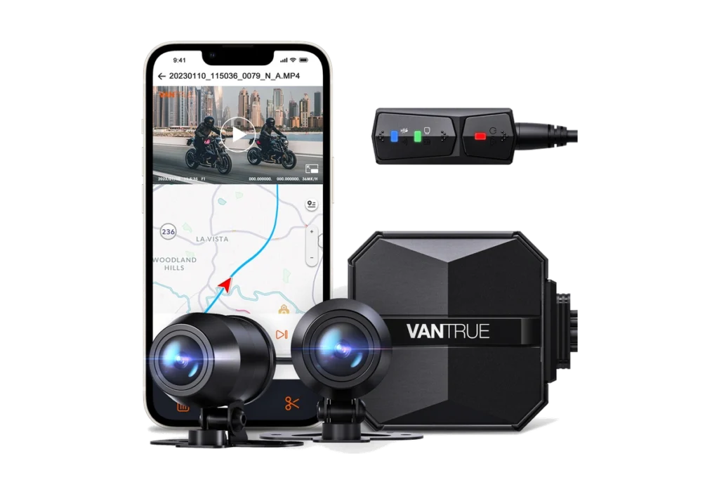 Vantrue F1 motorcycle dash cam kit with front and rear camera lenses, control unit, GPS module, and app preview phone